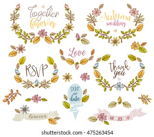 Set of wedding badges, logo, wreaths and laurels, floral elements for your Save the Date cards, wedding invitations, RSVP cards. Flowers, leaves, frames, banners, ribbons