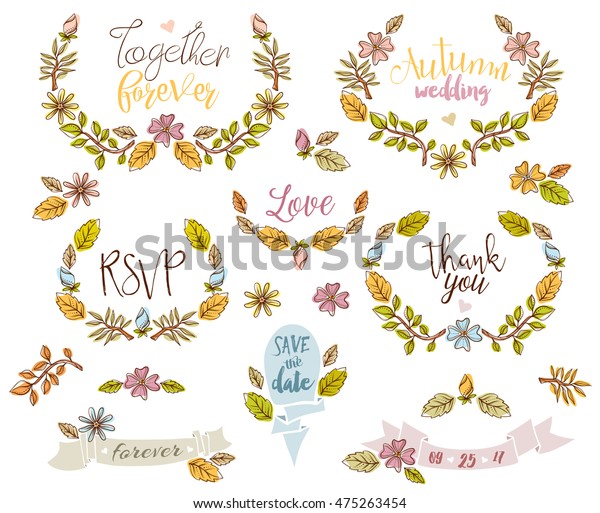 Set of wedding badges,\
logo, wreaths and laurels, floral elements for your Save the Date\
cards, wedding invitations, RSVP cards. Flowers, leaves, frames,\
banners, ribbons