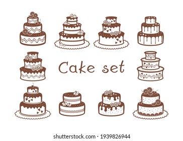 Set of wedding and birthday cakes with flowers, fruits and meringues on a white background. Vector decorative elements for bakery, cafe, sweet shop, pastry shop, confectionery, packaging and wrapper