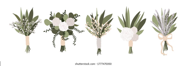 Set of wedding bouquets with flowers rose, lavender eucalyptus green leaves isolated on white background. Boho bridal wedding arrangements vector illustration in cartoon flat style