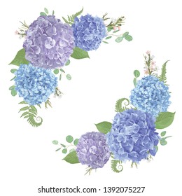 Set wedding bouquets.Leaves, blooming branches eucalyptus, gaultheria, salal, chamaelaucium, fern.Blue, purple, flower of hydrangea.All elements are isolated and editable.Floral pastel style border
