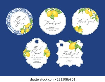 Set of wedding and bridal shower stickers and labels. Blue tiles, lemons and green leaves. Perfect for invitations, cards with gratitude, decoration for presents and drinks. Vector illustration.