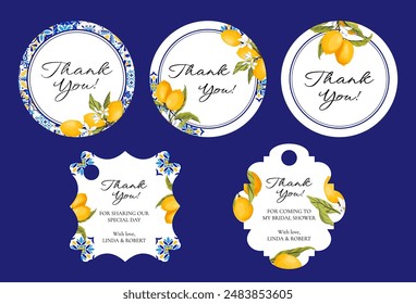 Set of wedding and bridal shower stickers and labels. Blue tiles, lemons and green leaves. Perfect for invitations, cards with gratitude, decoration for presents and drinks. Vector illustration.