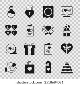 Set pastel de Boda, caja en forma de corazón de caramelo, regalo con corazones, paquete de condón, folleto del día de San Valentín, texto de amor, poción de amor de botella e ícono de mano de corazón. Vector