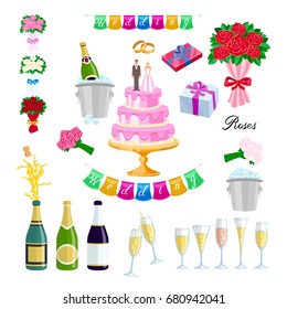 set Wedding cake with couple vector. Newlyweds, glasses, champagne, gifts, roses, flowers, rings, inscription, flags, streaming art