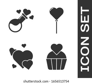 Set Wedding cake with heart, Bottle with love potion, Heart and Balloons in form of heart icon. Vector