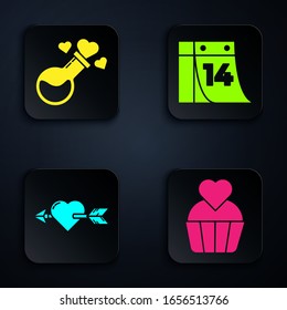 Set Wedding cake with heart, Bottle with love potion, Amour with heart and arrow and Calendar with February 14. Black square button. Vector