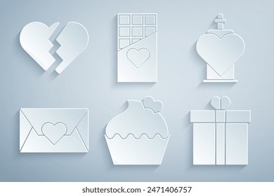 Set Wedding cake with heart, Bottle love potion, Envelope Valentine, Gift box and, Chocolate bar and Broken icon. Vector