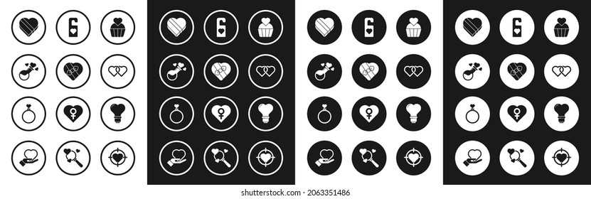 Set Wedding cake with heart, Candy shaped box, Bottle love potion, Two Linked Hearts, Please do not disturb, light bulb and rings icon. Vector