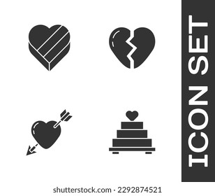 Set Wedding cake with heart, Candy shaped box, Amour arrow and Broken icon. Vector