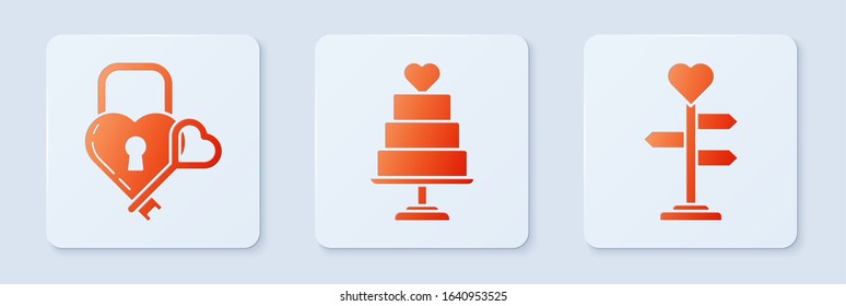 Set Wedding cake with heart, Castle in the shape of a heart and key and Signpost with heart. White square button. Vector