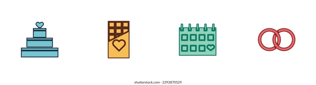 Set Wedding cake with heart, Chocolate bar, Calendar and rings icon. Vector