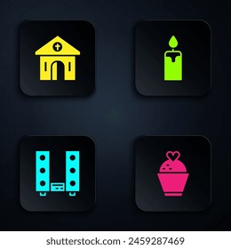 Set Wedding cake with heart, Church building, Home stereo two speakers and Burning candle. Black square button. Vector
