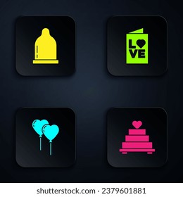 Ponga la torta de bodas con el corazón, el condón, la forma de globos y el volante de la fiesta de San Valentín. Botón cuadrado negro. Vector