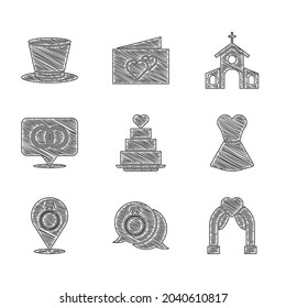 Set Wedding cake with heart, Diamond engagement ring, arch, Woman dress, rings, Church building and Cylinder hat icon. Vector