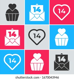 Fije pastel de boda con corazón, sobre con el corazón y el icono del corazón de San Valentín. Vector