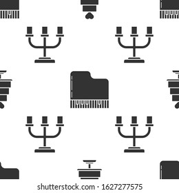 Set Wedding cake with heart, Grand piano and Candlestick on seamless pattern. Vector