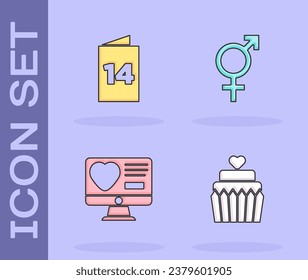 Establece la tarta de boda con corazón, tarjeta de saludo, aplicación de citas en línea e icono de género. Vector