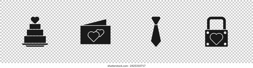 Set Pastel de boda con corazón, tarjeta de felicitación, corbata y candado e icono. Vector