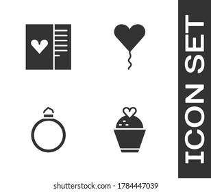 Legen Sie Hochzeitskuchen mit Herz, Postkarte, Diamant Verlobungsring und Ballon Form der Ikone. Vektorgrafik
