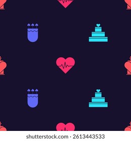 Set Wedding cake with heart, Quiver and arrows, Heart rate and Bottle love potion on seamless pattern. Vector