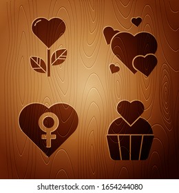 Ponga pastel de boda con corazón, forma de corazón en una flor, Corazón con género femenino y Corazón con fondo de madera. Vector
