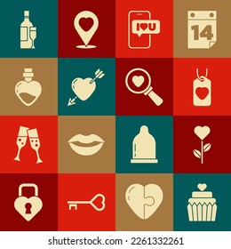 Fijar pastel de bodas con corazón, flor de forma de corazón, etiqueta, móvil, amor y flecha, poción de amor de botella, botella de champán e icono de búsqueda. Vector