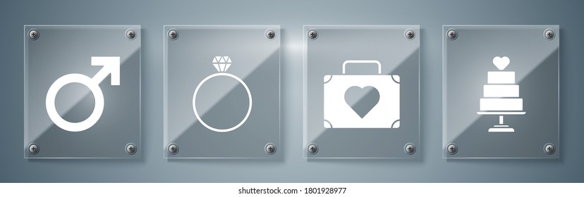 Set Wedding cake with heart, Suitcase for travel with heart, Diamond engagement ring and Male gender symbol. Square glass panels. Vector