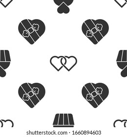 Set Wedding cake with heart, Two Linked Hearts and Candy in heart shaped box on seamless pattern. Vector