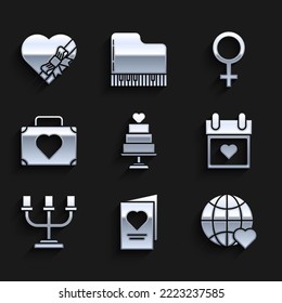 Set Wedding cake with heart, Valentines day party flyer, The world love, Calendar, Candlestick, Suitcase for travel, Female gender symbol and Candy shaped box bow icon. Vector