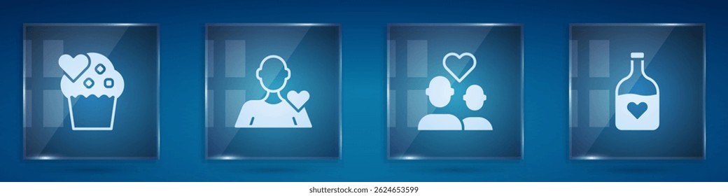 Set Wedding cake, Romantic man, Lover couple and Bottle with love potion. Square glass panels. Vector