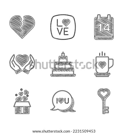 Set Wedding cake, Speech bubble text I love you, Key heart shape, Coffee cup and, Gift box with hearts, Heart hand, Calendar February 14 and Broken or divorce icon. Vector