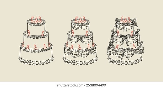 Conjunto de bolos de casamento com cerejas e arcos. Ilustração desenhada à mão vetorial em estilo de esboço. Retro coquette estético. Clipart de feriado para cartões e convites