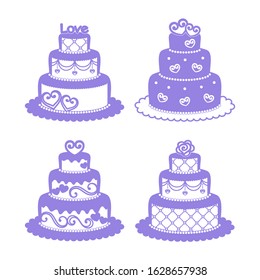 Set of wedding cakes with openwork decor. Decorative elements for festive design, wedding, holiday greeting card, wedding pastry shop