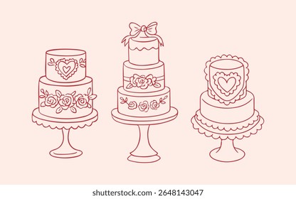 Set of wedding cakes in red. Hand drawn vector romantic illustration in sketch style. Design for greeting card, gift tag, logo. Vector illustration