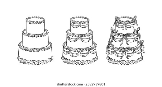 Conjunto de bolos de casamento em estilo de esboço. Ilustração vetorial de bolos com arcos. Clipart para cartões, convites, livros de colorir. Retro coquette estético