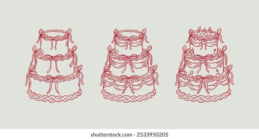 Conjunto de bolos de casamento em estilo de esboço. Ilustração vetorial de bolos com fitas. Clipart para cartões comemorativos, convites de férias. Retro coquette estético