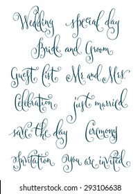 Set of wedding calligraphy words, isolated over white.