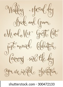 Set of wedding calligraphy words, isolated over vintage brown background.