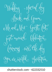 Set of wedding calligraphy words, white isolated over teal blue. Vector hand typography.