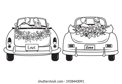 Set of Wedding car. Collection of newlyweds on their honeymoon. Floral vintage car. Vector illustration isolated on white background.