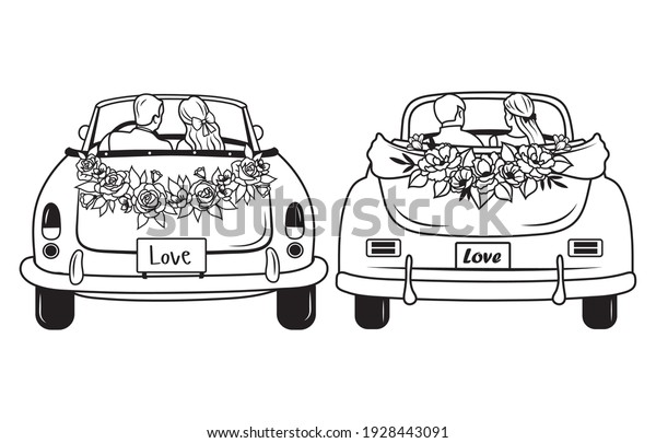 Set of Wedding car. Collection of newlyweds\
on their honeymoon. Floral vintage car. Vector illustration\
isolated on white\
background.