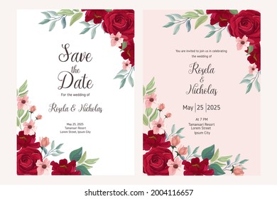 Conjunto de colección de tarjetas de boda con bellos vectores florales en un tema de color rojo