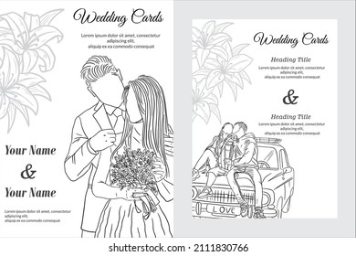 Set Wedding Card Elegant Line Art Love Happy beautiful beauty illustration