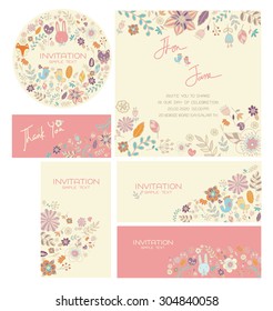 Juego de tarjetas de matrimonio con diseños florales, florales y decorativos de vectores. Se puede utilizar como tarjeta de felicitación, ilustración de boda.