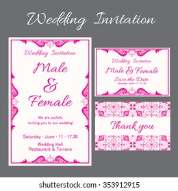 Set of wedding card flyer pages ornament illustration concept. Vintage art traditional, Islam, arabic, indian, ottoman motifs, elements. Vector decorative retro greeting card or invitation design.