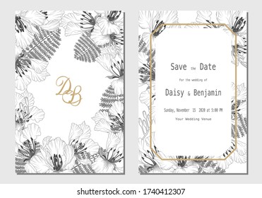 Set of wedding card invitation with white and grey royal poinciana flowers hand drawn on white background with line art theme and texture