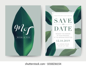 Set of Wedding Card template Background. For Invitation, menu, rsvp, thank you, Decoration with leaf & floral flower summer tropical watercolor style. Vector illustration.
