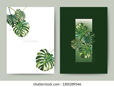 Set of Wedding Card template Background. For Invitation, menu, rsvn, thank you, Decoration with leaf & floral flower summer tropical watercolor style. Vector illustration.
