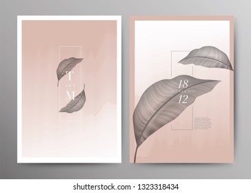 Set of Wedding Card template Background. For Invitation, menu, Decoration with leaf. Summer tropical pink and rose wine watercolor style. Vector illustration.
